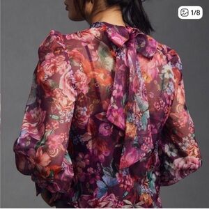 Anthropologie Organza Back Bow Floral Blouse